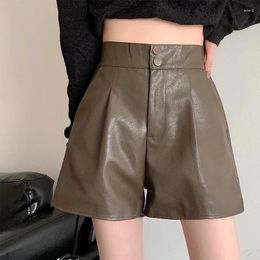 Women's Shorts HELIAR Women PU Leather Zipper Buttons Casual High Waist A-line Chic Office Loose Trousers For Autumn Winter