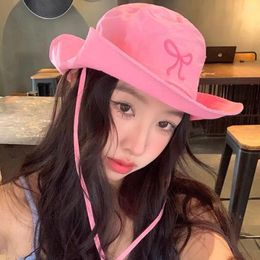 Berets Cute Pink Bow Strap Bucket Hats For Women 2024 Summer Outdoor Camping Sunscreen Quick Drying Breathable Fishing Caps