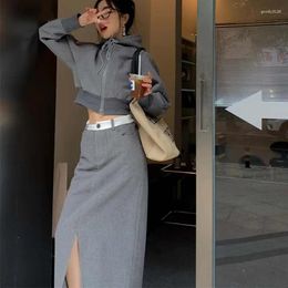 Work Dresses Women Hooded Zipper Sweatshirt Jacket Skirt Two-piece Suit High Waist Hip Wrap Sweater Slit Casual Dress Sets Short Coat