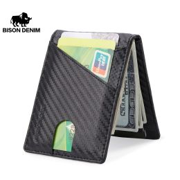 Wallets Bison Denim New Mens Slim Wallet with Money Clip Leather Rfid Blocking Bifold Credit Card Holder for Airtag with Gift Box W9726