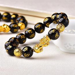 Link Bracelets 10MM Natural Black Agate Om Mani Padme Hum Pixiu Bracelet Women Fashion Healing Crystal Round Beads Lovers Strand Jewellery