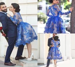 2017 Royal Blue Short Homecoming Dresses Long Sleeves Lace A Line Cocktail Party Gowns Illusion Back Knee Length Prom Dresses9122258