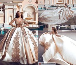 Arabic Luxury Satin Ball Gown Wedding Dresses V Neck Illusion Long Sleeves Lace Applique Chapel Train Wedding Bridal Gowns BC13839321498