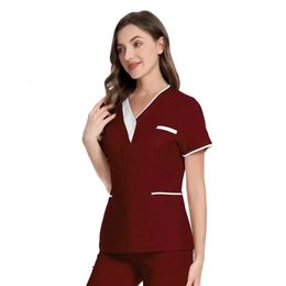 Acessórios elásticos de enfermagem respirável Moda Slimfit Top Lab Casat Roupos de roupas femininas Salão de beleza uniforme 240418