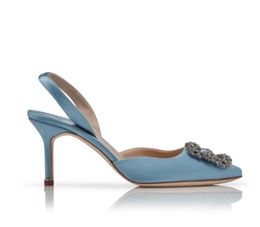 Women dress shoes pumps brand high heels Hangisli sky blue satin leather jewel buckle slingback sandal sling back sandals 70mm hee5552773