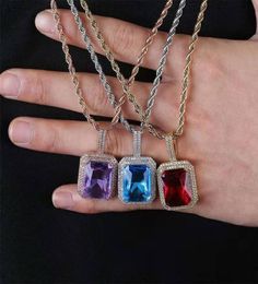 hip hop iced out gemstone pendant necklaces for men women luxury designer Colourful gem bling diamond pendant ruby purple blue blac4037049