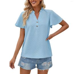 Women's T Shirts Summer Fresh And Casual Solid Color V-Neck Button-Decorated Slim-Fitting Short-Sleeved Top Women Fashion Blouse 2024