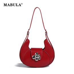 Buckets MABULA Red Woman's Half Moon Shoulder Purse Flap Cover Lady Vegant Leather Saddle Crossbody Bag Adjustable Strap Hobo Wallet