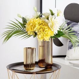 Vases Simple Electroplated Striped Gold Solid Colour Flower Arrangement Ceramic Vase Modern Decoration Home Ins