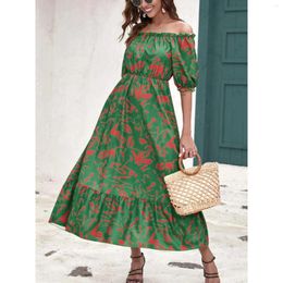 Casual Dresses Boho Printed Off Shoulder Long For Women Summer Slash Neck Short Sleeve Ruffles Party A Line Dress Loose Beach Sundress