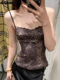 Women's Tanks Vintage Leopard Print Streetwear Lace Patchwork Women Backless Camisole 2024 Summer Grunge Sexy Y2k Aesthetic Crop Top