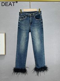 Women's Jeans High Waist Patchwork Black Feathers Straight Slim Denim Ankle-Length Pants 2024 Autumn Fashion 29L3715