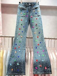Women's Jeans INS Fashion Rhinestone Flared Denim Trousers For Women 2024 Autumn High Waist Slimming Slim Fit Beads Diamonds Pants