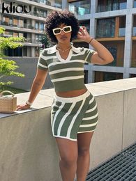 kliou Summer Women 2 Piece Set Elegant Softy Knitted Striped Polo-Neck Crop TopsHip Skirt Matching Suit Girls Youth Casual Wear 240419