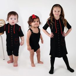 Family Matching Outfits Sets Ribbed Cotton Baby Romber Top Girl Vestidos Dress Boy t-shirt Hooded Family Matching Clothes Black 240418