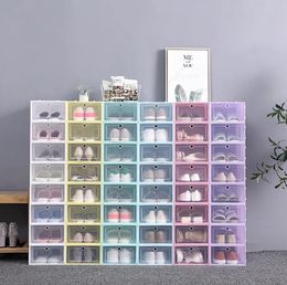 Clear Plastic Shoe Box Dammtät sneaker Lagringsarrangör Flip Transparent High Heels Boxar Candy Color Stackable Shoes Containrar Fall