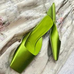 Slippers High Quality Green Silk Satin Women Simple Elegant Temperament Sandals Comfort Home Celebrity Party Heel Shoes