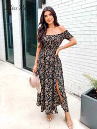 Basic Casual Dresses Floral Print Off-the-Shoulder Maxi Dress For Women Sexy Smocked Holiday Beach A-line Split Dress 2023 Summer Female Sundress 240419