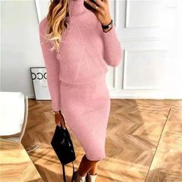 Work Dresses Two Piece Skirt Sets Women Knitted Dress Turtleneck Full Sleeve Sweaters Solid Thick Skirts Suits Elastic Waist Winter 2024