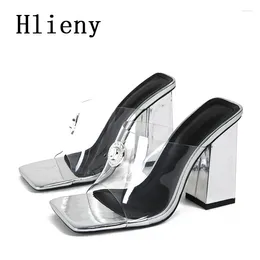 Slippers Hlieny Sexy PVC Transparent Crystal Buckle Womens 2024 Summer Square Toe Thick High Heels Sandals Ladies Shoes