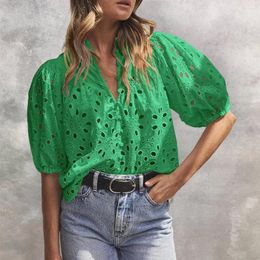 Women's Blouses Women Shirt Balloon Sleeve Top Stylish V-neck Lantern Hollow Flower Pattern Tops Lace Embroidered