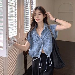 Women's Vests Drawstring Retro Lapel Loose Blue Denim Vest Chalecos Mujer Crop Roupas Femininas Streetwear Waistcoat Women Summer Jacket