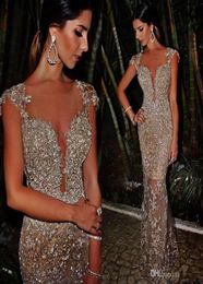 Sequins Blingbling Arabic Sheer Crew Neck Mermaid Evening Dresses Cap Sleeves See Through Skirt Sexy Prom Dresses vestidos de fies2120881