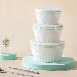 Bowls Set Of 3 Porcelain Bowl With Lid For Microwave Ceramic Lunch Box Airtight Fresh-keeping Sealed Meal Refrigerator