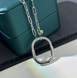 Luxury Lock Diamond Pendant Necklace T Lock Brand Designer Half Crystlal Hollow Round Circle Charm Bucket silver Cuban chain Necklace For Women Jewelry gift