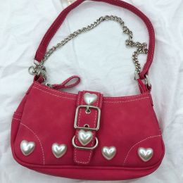 Buckets Xiuya Harajuku Vintage Female Shoulder Bag 2022 Rose Red Heart Japanese Goth Lolita Bag Female Handbags Mobile Phone Pouch Purse