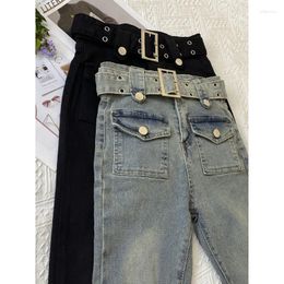 Women's Jeans Fashion Vintage Black Micro-Cut Women 2024 Belt Slim-Fit Thin Horseshoe Long Pants Spice Girl High-Waisted Bell Bottom