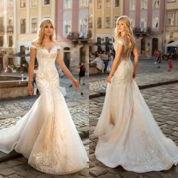 2024 Mermaid Wedding Dresses Off Shoulder Sequins Appliques Bridal Gowns Custom Made Button Back Sweep Train Wedding Dress