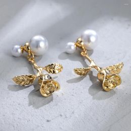 Stud Earrings Charm Rose Flower Double-sided Pearl For Women Gold Color Valentine Day Heart Ear Studs Wedding Engagement Jewelry