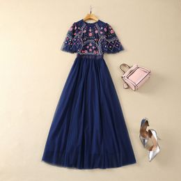 Summer Blue Floral Embroidery Tulle Dress Short Sleeve Round Neck Panelled Long Maxi Casual Dresses S4F210221