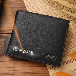 Wallets New Short Men Wallets Genuine Leather Card Holder Coin Pocket Male Wallet Photo Holder Name Customized Man Purses Wallets