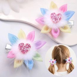 Hair Accessories 2Pcs Sweet Pink Clips For Baby Girls Faux Fur Lace Flower Hairpin Boutique Kids Glitter Barrettes Headwear