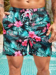 Men's Shorts Tropical Print Drawstring Waist Beach Swim Trunks Elastic Hawaiian Style Harajuku