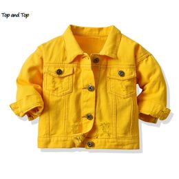 top and top Spring Autumn Toddler Boys Girls Buttons Down Denim Jackets Infant Casual Ripped Outerwear Coats Windbreaker Top 240507