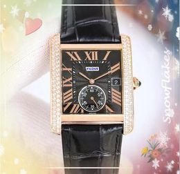 Shiny starry big size Lovers watches men quartz battery movement clock two line diamonds ring cow leather square tank dial day date sub dial working wristwatch gifts