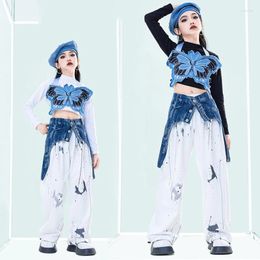 Stage Wear Kpop Girls Jazz Dance Clothes Butterfly Vest Navel Tops Pants Kids Hip Hop Performance Costume Festival Outfit BL12445