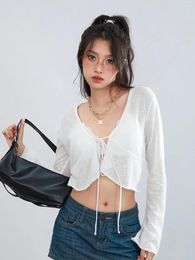 Women's T Shirts Women S Sexy Lace Crop Cardigan Y2k Long Sleeve Mesh Sheer Tie Front Top Summer See Through For Streetwear