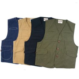 Men's Vests Vintage Canvas Cargo Vest Men Streetwear Hip Hop Slim Fit Multi-Pocket Button Solid Color Simple Denim Tooling Waistcoat