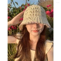 Berets Japanese Summer Hollow Woven Dome Lace Straw Hat Seaside Beach Sunshade Breathable Short Brim Foldable Sun Hats For Women's