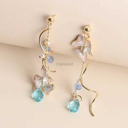 Other New Trendy Cute Flower Asymmetrical Spiral Dangle Earrings for Women Charm Long Tassel Blue Crystal Drop Earring Wedding Jewellery 240419