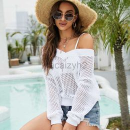 Women's T Shirt sexy Tees Women's Spring/Summer New Long Sleeve Pullover Thin Knit Cover Up Casual Loose V-Neck Hollow out Knit Shirt Plus Size tops