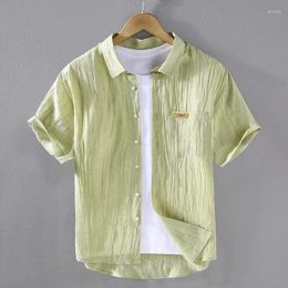 Men's Casual Shirts Linen For Men Summer Solid Colour Male Korean Style Urban Short Sleeve Shirt Blouse Tops Comfortable Soft Wrinkles