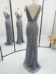 Party Dresses Deep Grey Sexy V -Neck Big Off -Back Nail Bead Waist Slimming Thin Banquet Night Dress M1721