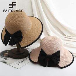 Wide Brim Hats Summer Women Sunshade Straw Hat Sweet Bow Female Fisherman Foldable Large Sunscreen Cap Holiday Beach Hand Woven Visor