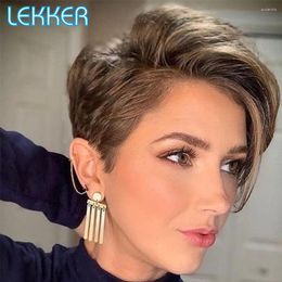 Lekker Wear To Go Highlight Brown Short Pixie Straight Bob Human Hair Lace Wigs For Women Brazilian Remy Glueless Color Wig