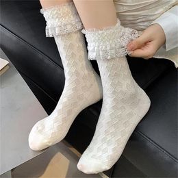 Women Socks Japanese JK Girl Dots Printed Cotton Middle Tube Princess Ruffled Lace Trim Frilly Calf